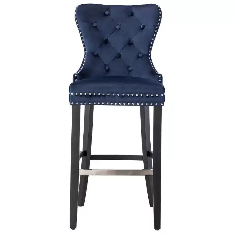 Sgabello da bar imbottito in velluto trapuntato da 29" con poggiapiedi in metallo, blu navy in velluto