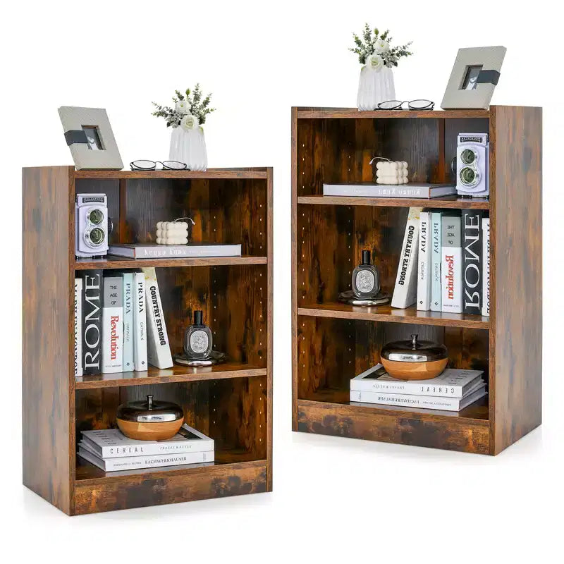 2 Librerie a 3 Ripiani, Espositore Aperto Multiuso con Ripiani Regolabili Bianco/Nero/Marrone