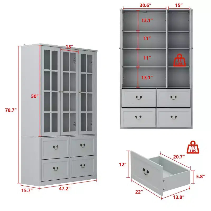 47,2W Organizzatore Vetrina con Ante in Vetro Dispensa Organizer Grigio