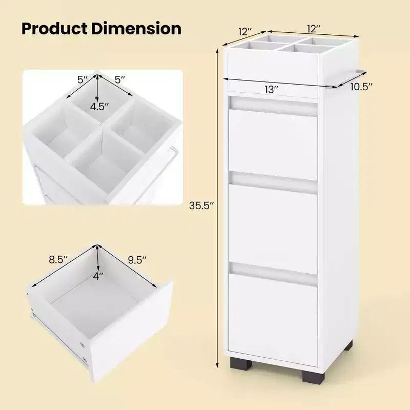 Mobiletto da Bagno con 3 Cassetti 4 Scomparti Disponibile su 2 Lati Portasciugamani Bianco