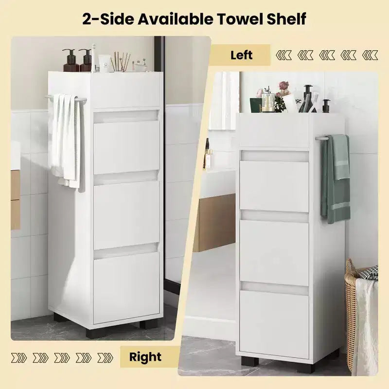 Mobiletto da Bagno con 3 Cassetti 4 Scomparti Disponibile su 2 Lati Portasciugamani Bianco