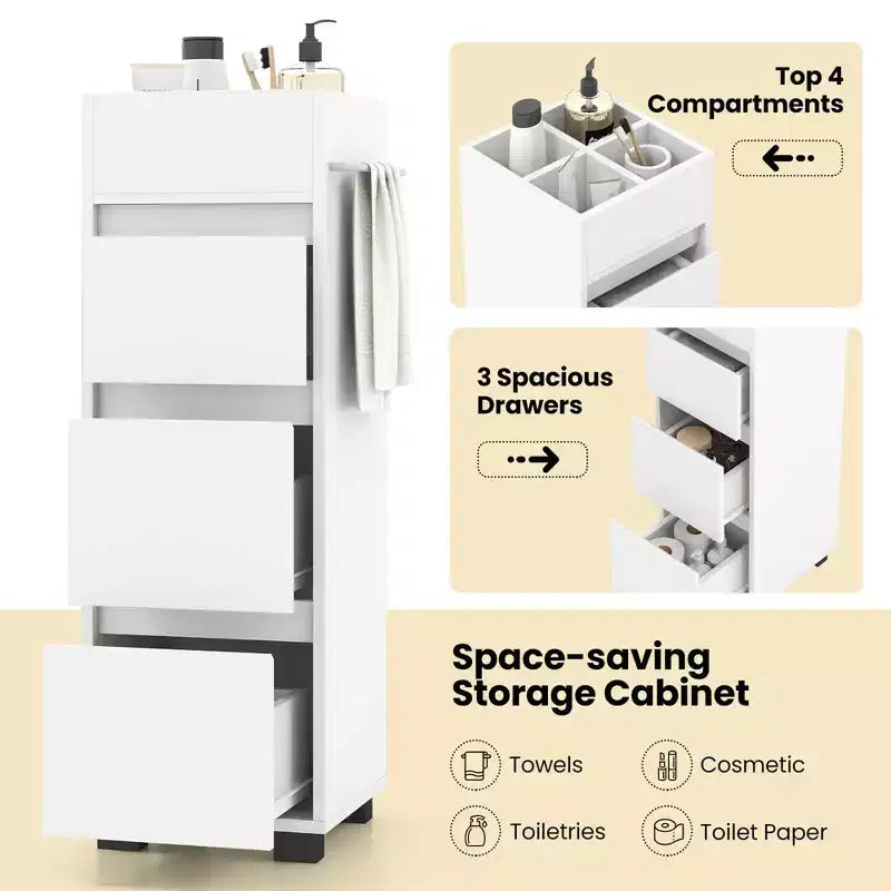 Mobiletto da Bagno con 3 Cassetti 4 Scomparti Disponibile su 2 Lati Portasciugamani Bianco