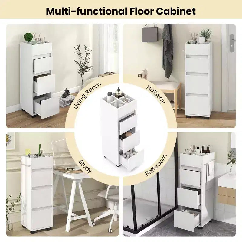 Mobiletto da Bagno con 3 Cassetti 4 Scomparti Disponibile su 2 Lati Portasciugamani Bianco
