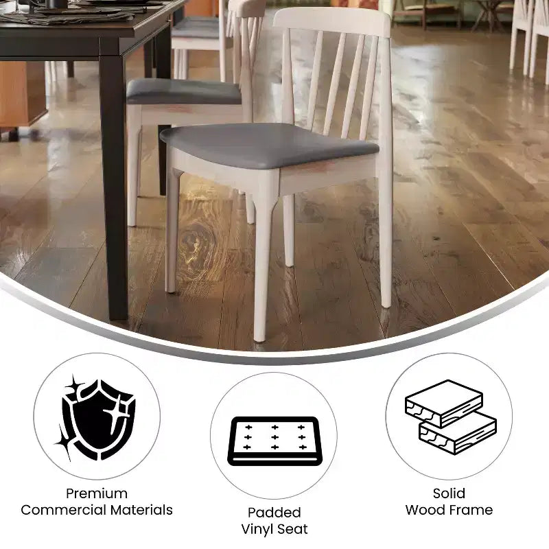 Sedia da pranzo Chester in legno massello di grado commerciale con schienale a doghe e sedile in vinile