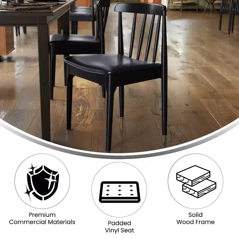 Sedia da pranzo Chester in legno massello di grado commerciale con schienale a doghe e sedile in vinile