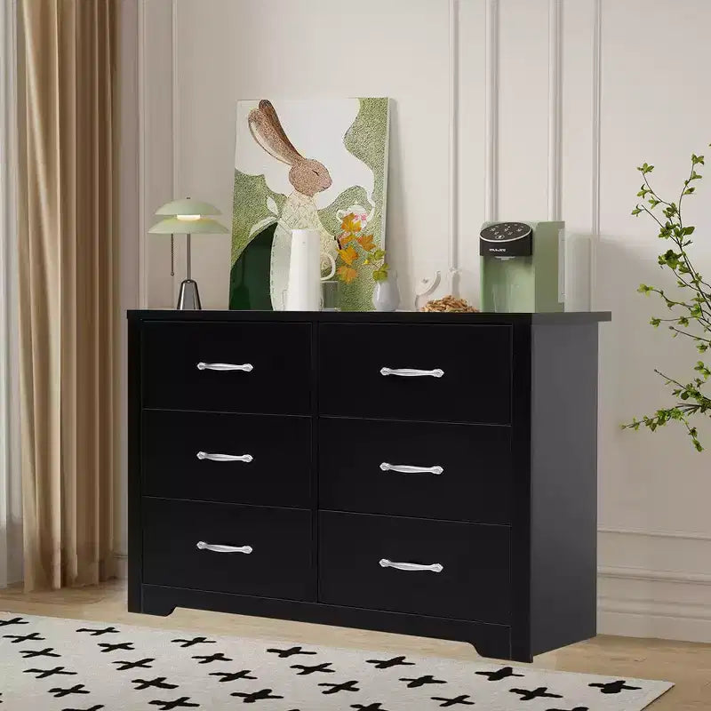 Cassettiera larga moderna a 6 cassetti per camera da letto in legno MDF con finitura antigraffio, nera