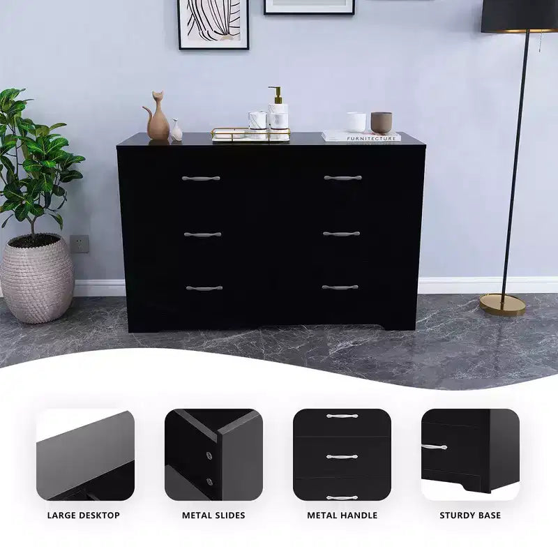 Cassettiera larga moderna a 6 cassetti per camera da letto in legno MDF con finitura antigraffio, nera