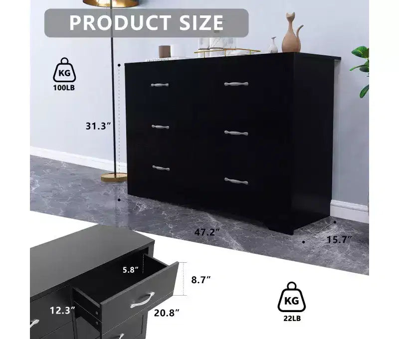 Cassettiera larga moderna a 6 cassetti per camera da letto in legno MDF con finitura antigraffio, nera