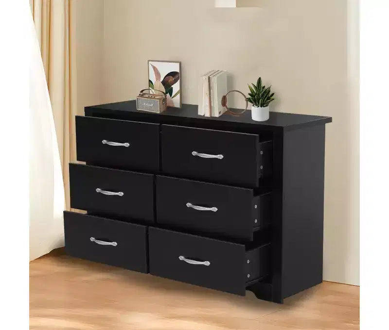 Cassettiera larga moderna a 6 cassetti per camera da letto in legno MDF con finitura antigraffio, nera