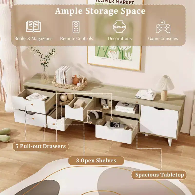 Mobile Porta TV per Televisori fino a 65" con 5 Cassetti Contenitori e 3 Ripiani Aperti per Camera da Letto