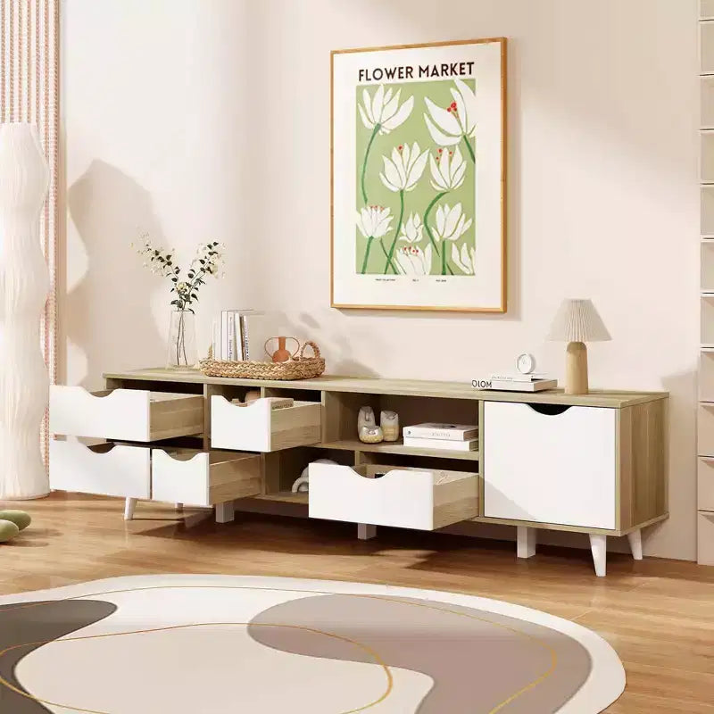 Mobile Porta TV per Televisori fino a 65" con 5 Cassetti Contenitori e 3 Ripiani Aperti per Camera da Letto
