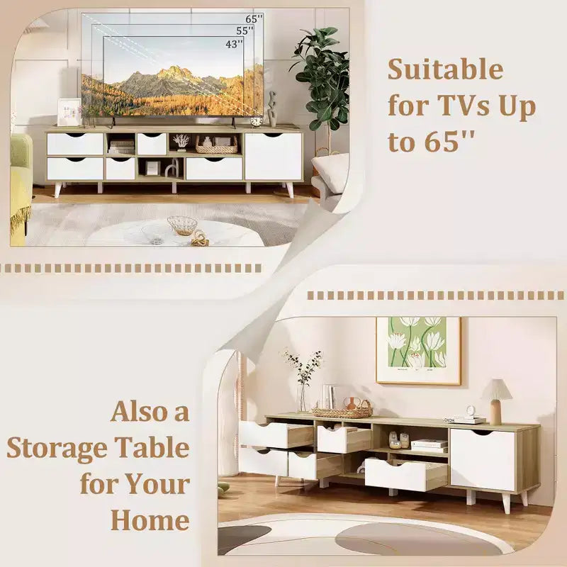 Mobile Porta TV per Televisori fino a 65" con 5 Cassetti Contenitori e 3 Ripiani Aperti per Camera da Letto