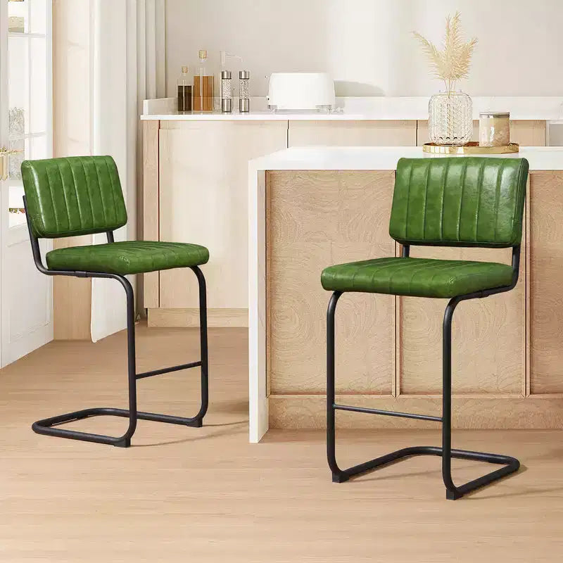 HOMLUX Upholstered Set of 2 Cantilever PU Leather Counter Height Barstool with Black Metal LegsOlive Green