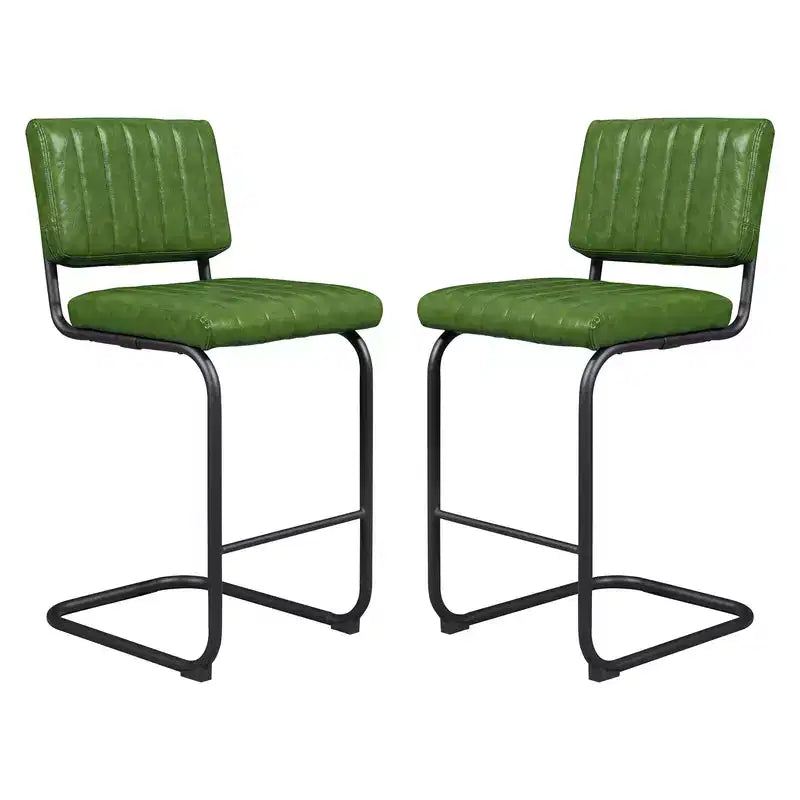 Set di 2 Sgabelli da Bar a Sbalzo Imbottiti in Pelle Sintetica con Gambe in Metallo Nero, Altezza Bancone, Verde Oliva