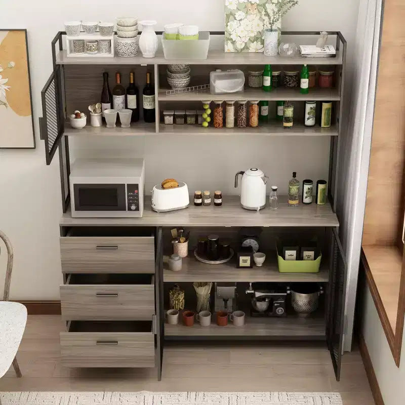 Credenza da cucina in legno con ante metalliche, 3 cassetti e ripiani, larghezza 150 cm, per sala da pranzo