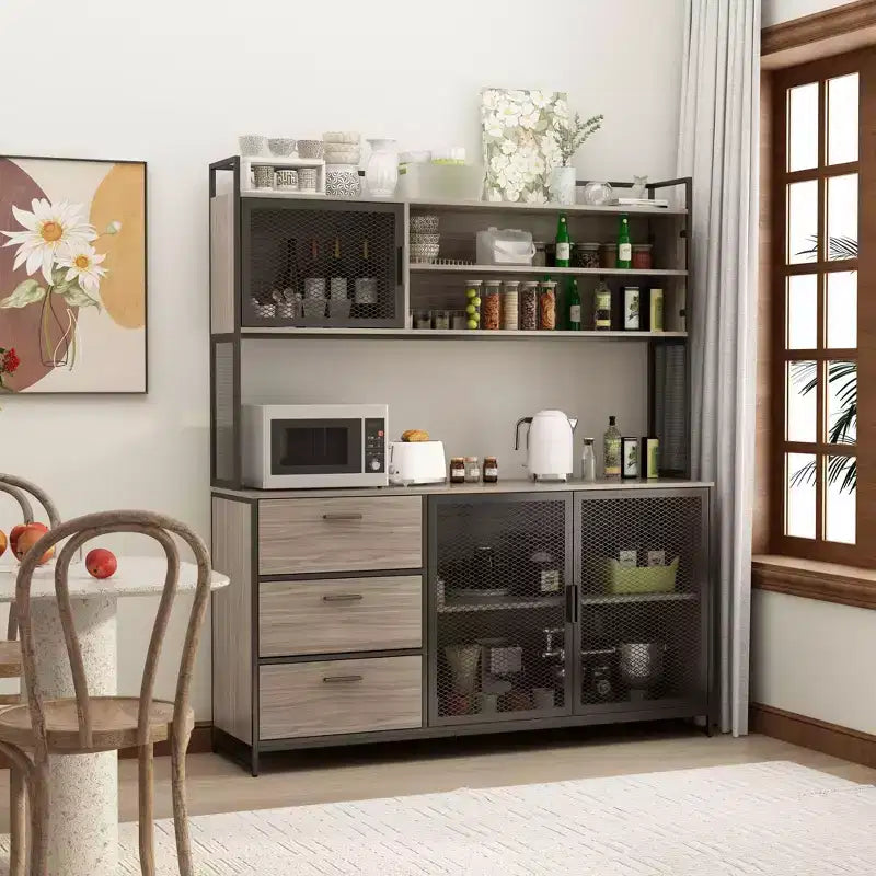 Credenza da cucina in legno con ante metalliche, 3 cassetti e ripiani, larghezza 150 cm, per sala da pranzo