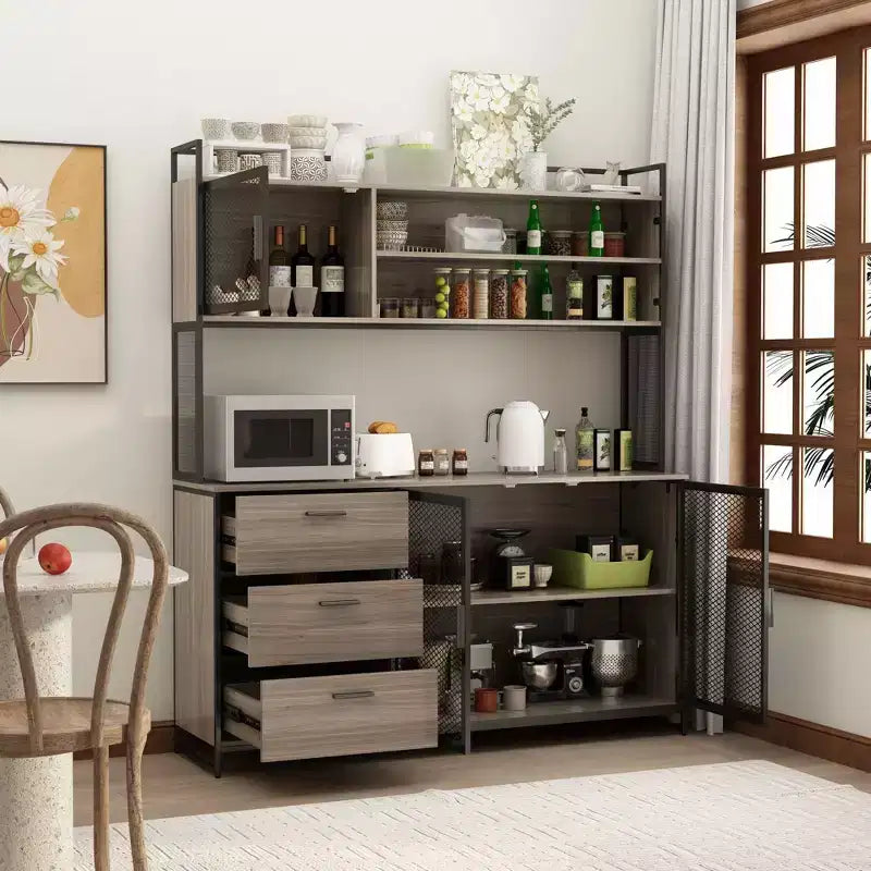 Credenza da cucina in legno con ante metalliche, 3 cassetti e ripiani, larghezza 150 cm, per sala da pranzo