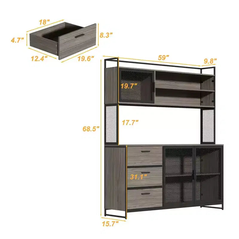 Credenza da cucina in legno con ante metalliche, 3 cassetti e ripiani, larghezza 150 cm, per sala da pranzo