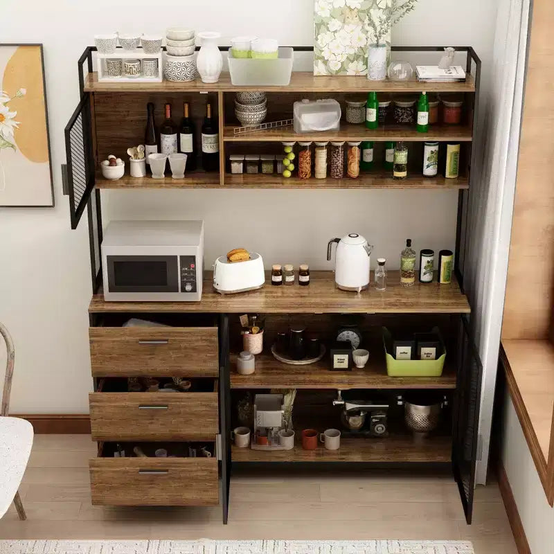 Credenza da cucina in legno con ante metalliche, 3 cassetti e ripiani, larghezza 150 cm, per sala da pranzo