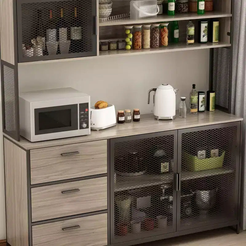 Credenza da cucina in legno con ante metalliche, 3 cassetti e ripiani, larghezza 150 cm, per sala da pranzo