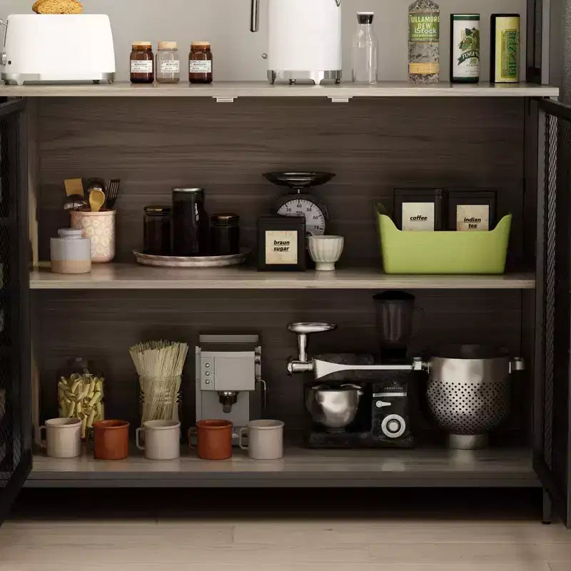 Credenza da cucina in legno con ante metalliche, 3 cassetti e ripiani, larghezza 150 cm, per sala da pranzo