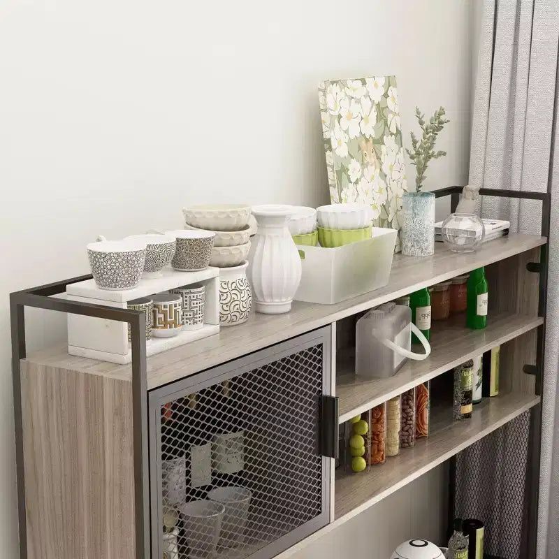 Credenza da cucina in legno con ante metalliche, 3 cassetti e ripiani, larghezza 150 cm, per sala da pranzo