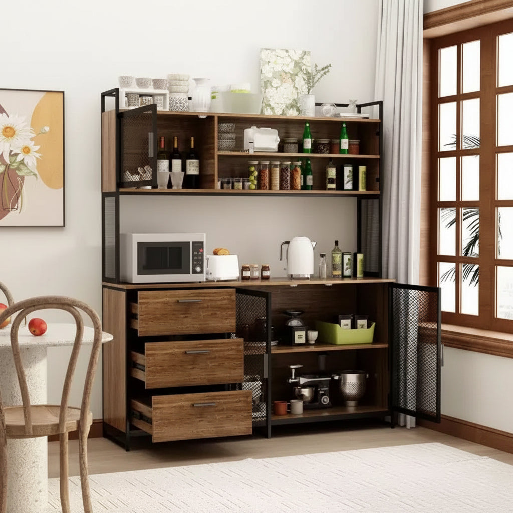 Credenza da cucina in legno con ante metalliche, 3 cassetti e ripiani, larghezza 150 cm, per sala da pranzo