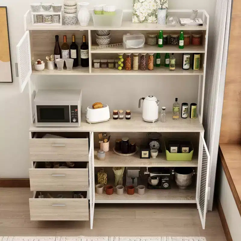 Credenza da cucina in legno con ante metalliche, 3 cassetti e ripiani, larghezza 150 cm, per sala da pranzo