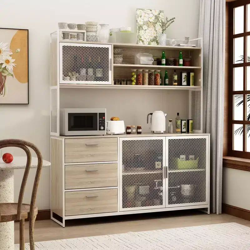 Credenza da cucina in legno con ante metalliche, 3 cassetti e ripiani, larghezza 150 cm, per sala da pranzo
