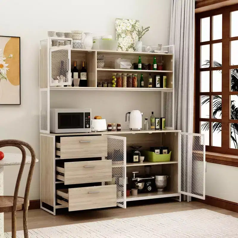 Credenza da cucina in legno con ante metalliche, 3 cassetti e ripiani, larghezza 150 cm, per sala da pranzo