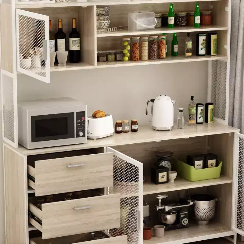 Credenza da cucina in legno con ante metalliche, 3 cassetti e ripiani, larghezza 150 cm, per sala da pranzo