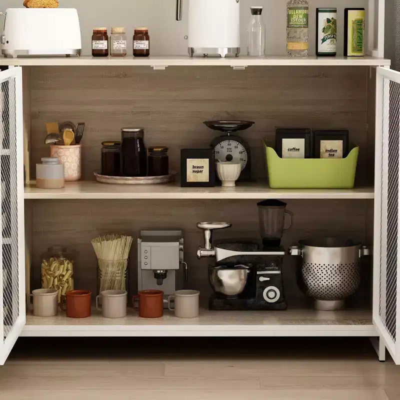 Credenza da cucina in legno con ante metalliche, 3 cassetti e ripiani, larghezza 150 cm, per sala da pranzo