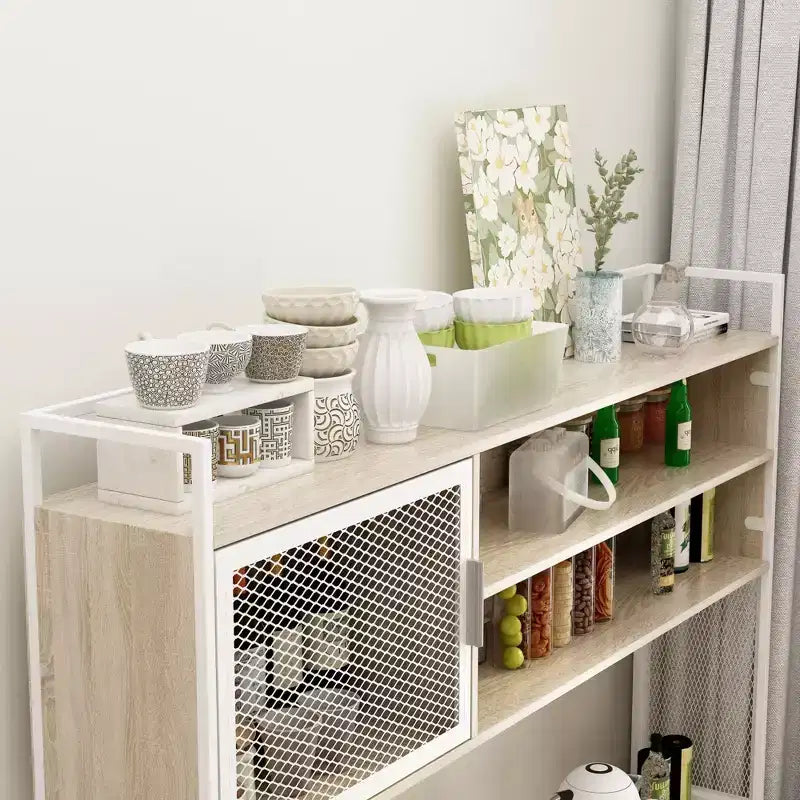 Credenza da cucina in legno con ante metalliche, 3 cassetti e ripiani, larghezza 150 cm, per sala da pranzo