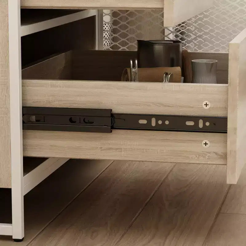 Credenza da cucina in legno con ante metalliche, 3 cassetti e ripiani, larghezza 150 cm, per sala da pranzo