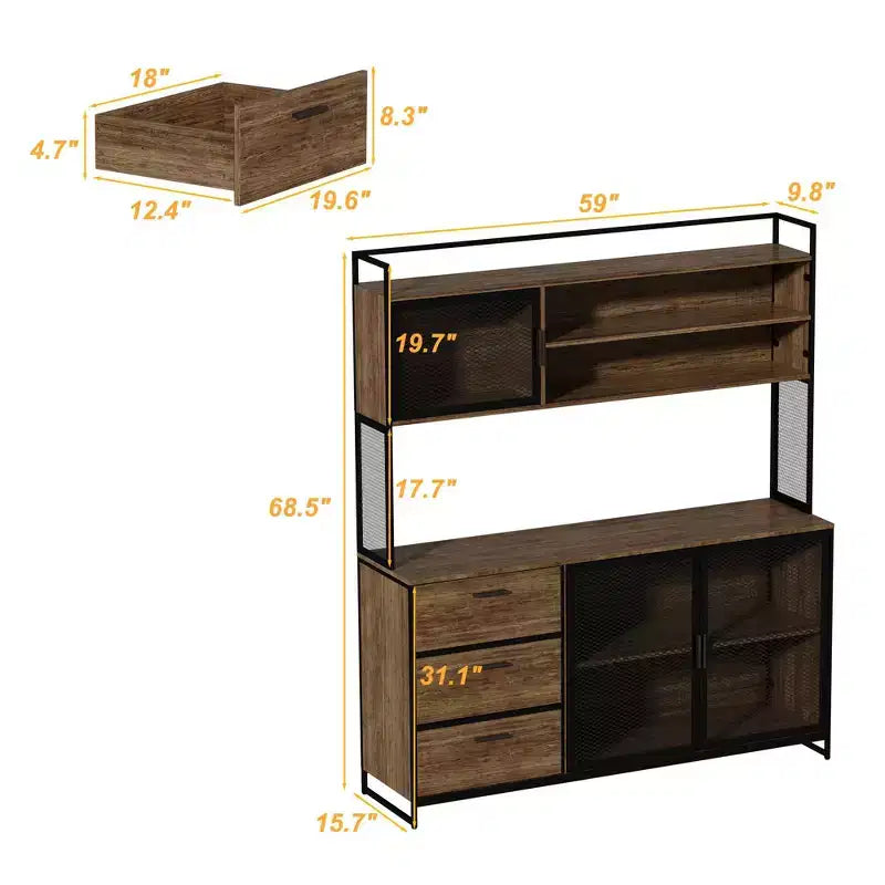 Credenza da cucina in legno con ante metalliche, 3 cassetti e ripiani, larghezza 150 cm, per sala da pranzo