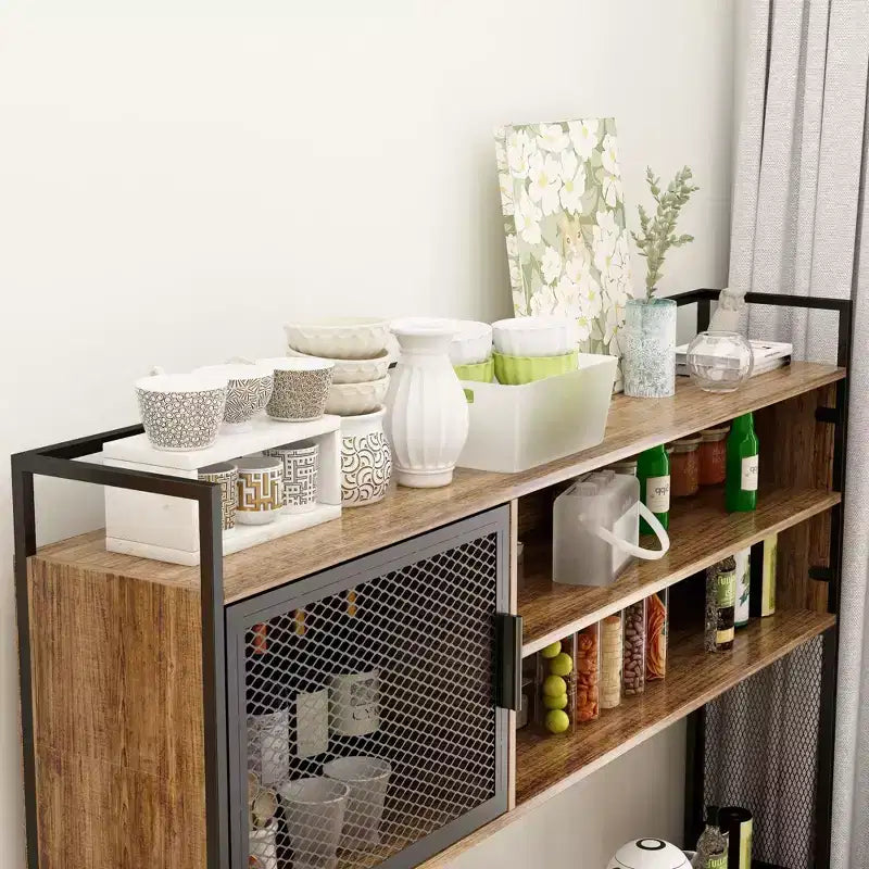 Credenza da cucina in legno con ante metalliche, 3 cassetti e ripiani, larghezza 150 cm, per sala da pranzo