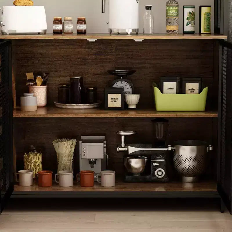 Credenza da cucina in legno con ante metalliche, 3 cassetti e ripiani, larghezza 150 cm, per sala da pranzo