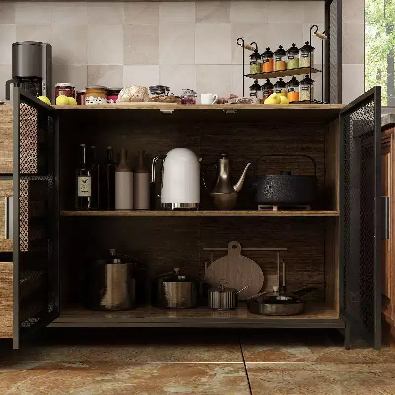 Credenza da cucina in legno con ante metalliche, 3 cassetti e ripiani, larghezza 150 cm, per sala da pranzo