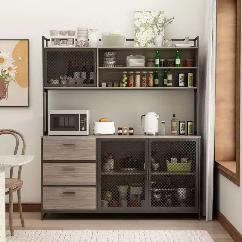 Credenza da cucina in legno con ante metalliche, 3 cassetti e ripiani, larghezza 150 cm, per sala da pranzo