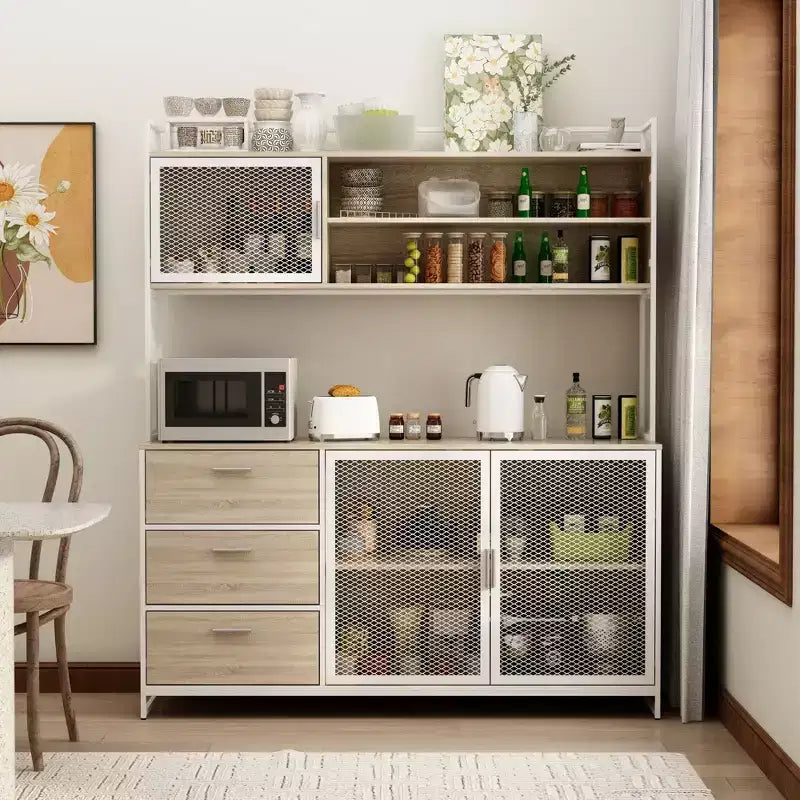 Credenza da cucina in legno con ante metalliche, 3 cassetti e ripiani, larghezza 150 cm, per sala da pranzo