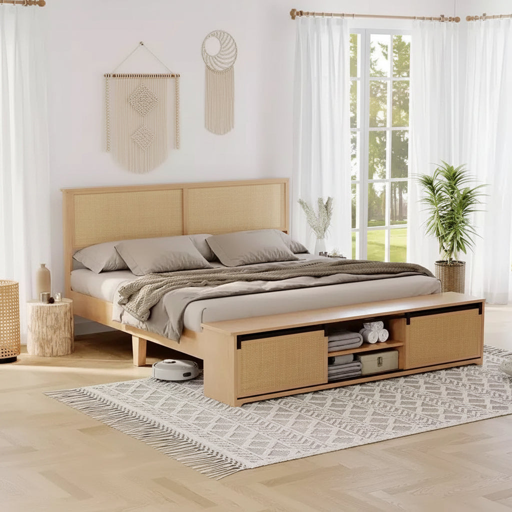 Whizmax Natural Rattan Bed Frame with Sliding Barn Door Storage Cabinets and LED Light Headboard, Boho Farmhouse Wood Platform Bed