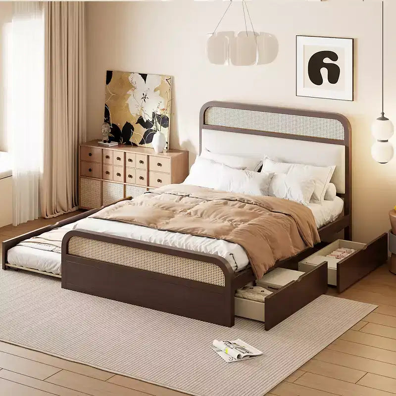 Queen Size Wooden Platform Bed with Trundle and 2 Drawers, Rattan Accents Bed 4S - ModernLuxe