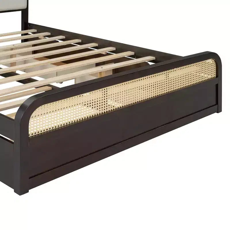 Letto a piattaforma matrimoniale in legno con letto estraibile e 2 cassetti, letto con inserti in rattan 4S