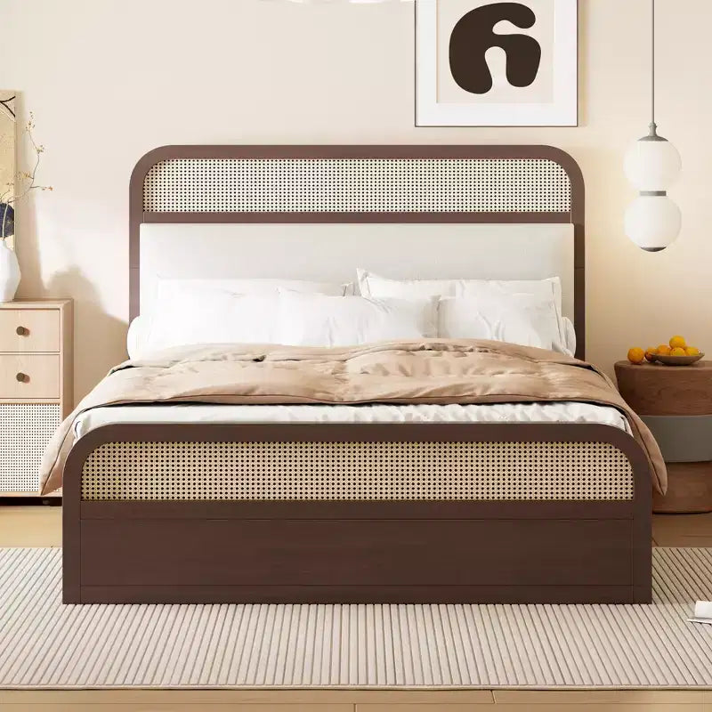 Letto a piattaforma matrimoniale in legno con letto estraibile e 2 cassetti, letto con inserti in rattan 4S