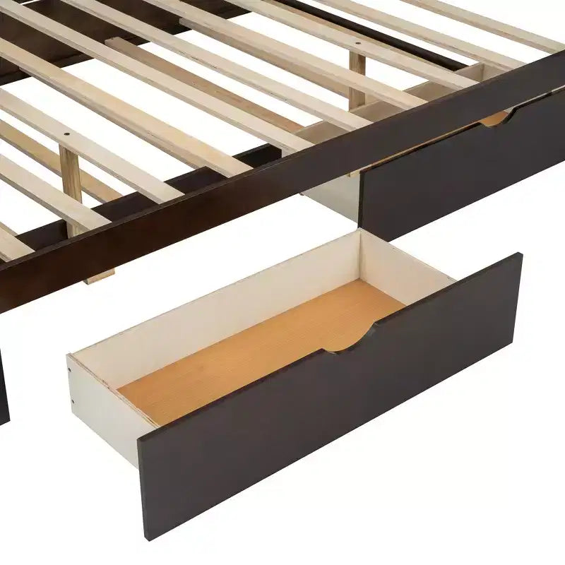 Letto a piattaforma matrimoniale in legno con letto estraibile e 2 cassetti, letto con inserti in rattan 4S