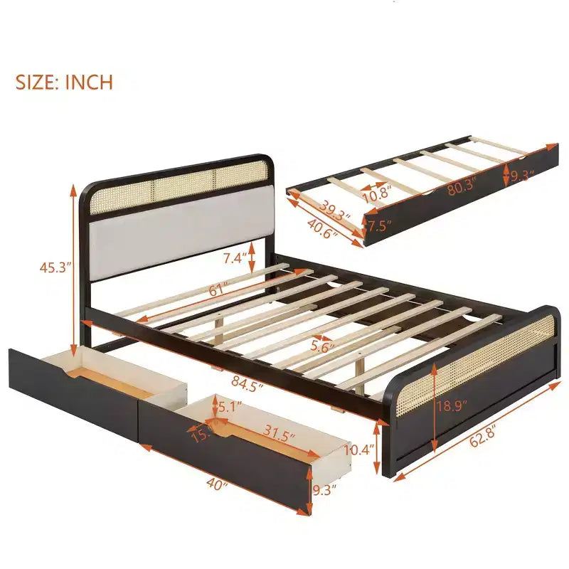 Letto a piattaforma matrimoniale in legno con letto estraibile e 2 cassetti, letto con inserti in rattan 4S