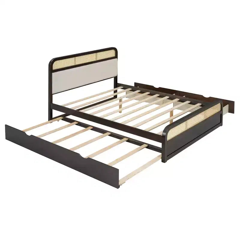 Letto a piattaforma matrimoniale in legno con letto estraibile e 2 cassetti, letto con inserti in rattan 4S