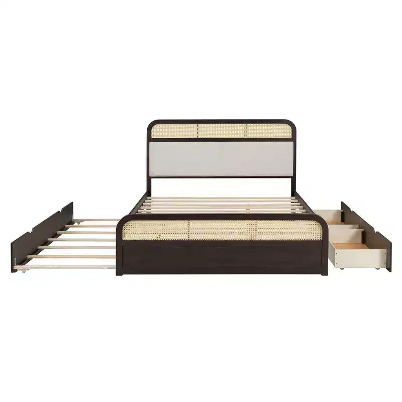 Letto a piattaforma matrimoniale in legno con letto estraibile e 2 cassetti, letto con inserti in rattan 4S