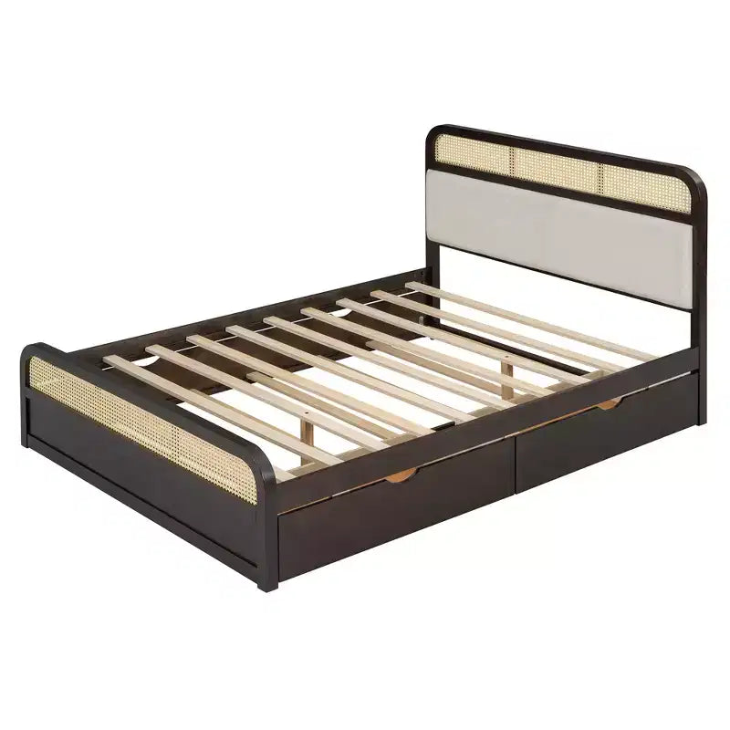 Letto a piattaforma matrimoniale in legno con letto estraibile e 2 cassetti, letto con inserti in rattan 4S